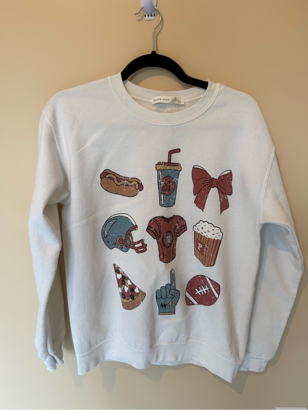 Altar'd State White Crewneck with Red & Blue Game-Day Graphics